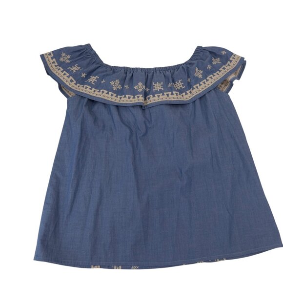 Joy Joy Womens Off-Shoulder Embroidered Chambray Blue Top Size Large 100% Cotton - Picture 9 of 10